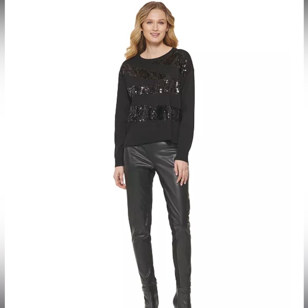 New DKNY MEDIUM Zig Zag Embellished Sequin Crew Neck Long Sleeve Black Sweater